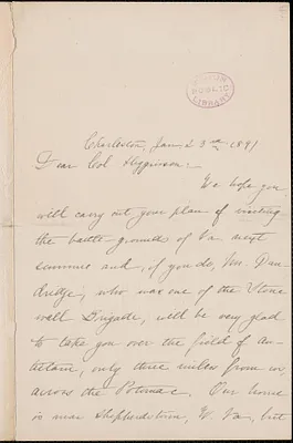 Danske Dandridge autograph letter signed to Thomas Wentworth Higginson, Charleston, SC., 23 January 1891