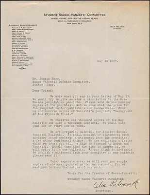 Celia Polisuk (Student Sacco-Vanzetti Committee) typed letter signed to Joseph Moro, New York, N.Y., May 20, 1927