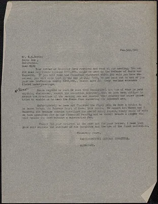 Sacco-Vanzetti Defense Committee typed letter (copy) to Samuel M. Davis, Boston, Mass., January 3, 1927
