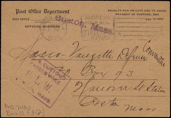 Post Office Department printed postcard to Sacco-Vanzetti Defense Committee, Boston, Mass., January 10, 1929