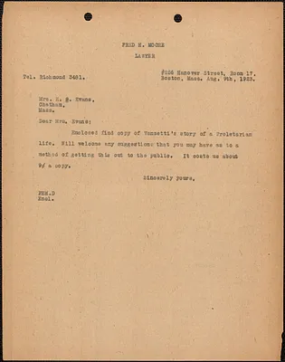 Fred H. Moore typed note (copy) to Elizabeth Glendower Evans, Boston, Mass., August 9, 1923