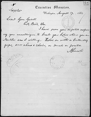 Telegram from Abraham Lincoln to Lt. Gen. Ulysses Grant at City Point, Virginia