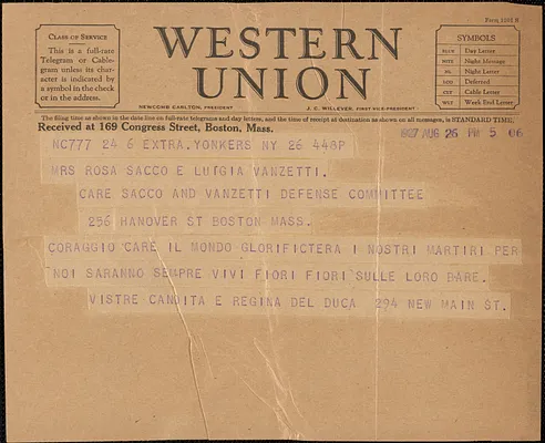 Vistre Candita and Regina Del Duca telegram, in Italian, to Rosa [Rose] Sacco and Luigia Vanzetti, Yonkers, N. Y., August 26, 1927