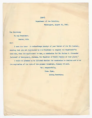 Copy of a Letter from Thomas Ryan to the Secretary to the President