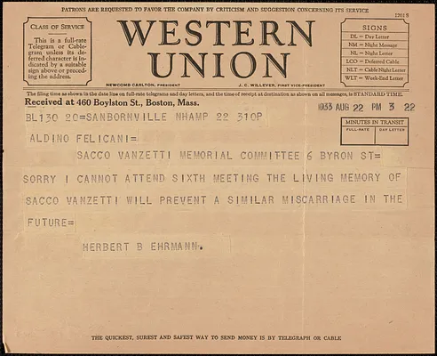Herbert B. Ehrmann telegram to Aldino Felicani, Sanbornville, N. H., August 22, 1933