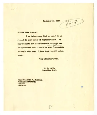 Letter from Priscilla Fleming to President Harry S. Truman with a Reply from Matthew Connelly