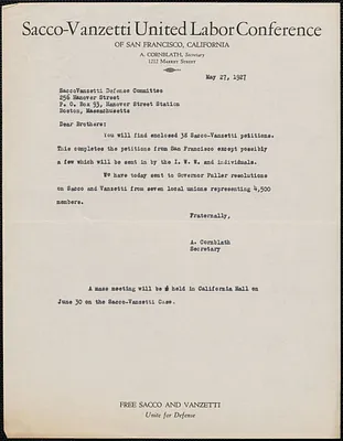 Anna Cornblath (Sacco-Vanzetti United Labor Conference) typed note to Sacco-Vanzetti Defense Committee, San Francisco, Calif., May 27, 1927