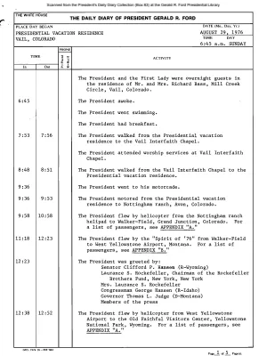 President Gerald R. Ford's Daily Diary, August 29, 1976