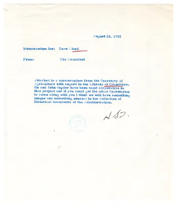Memorandum from President Harry S. Truman to Dave Lloyd