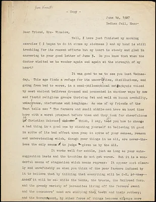 Bartolomeo Vanzetti typed letter (copy) to Gertrude L. Winslow, Dedham, 7 June 1927