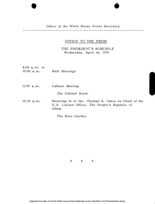 President's Schedule, Wednesday, April 14, 1976