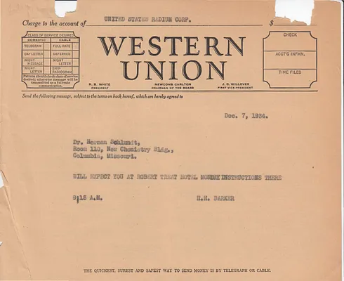 Telegram to Dr. Herman Schlundt, December 7, 1934