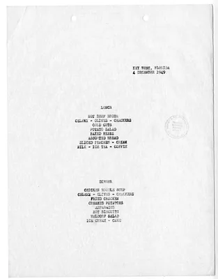 Menu for President Harry S. Truman's  Visit to Key West, Florida