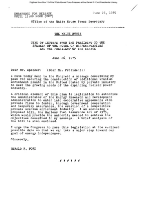 Text of Letters from the President to the Speaker of the house of Representatives and the President of the Senate concerning his plan for construction of additional uranium enrichment plants in the US