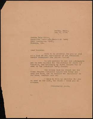 Sacco-Vanzetti Defense Committee typed letter (copy) to Bertha Hale White (Socialist Party), Boston, Mass., December 4, 1924