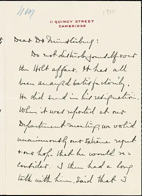 Palmer, George Herbert, 1842-1933 autograph letter signed to Hugo Münsterberg, Cambridge, Mass., 18 December 1910