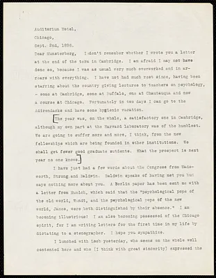 James, William, 1842-1910 typed letter signed to Hugo Münsterberg, Chicago, 2 September 1896