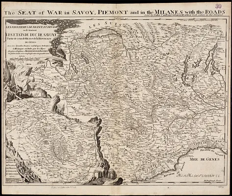 Les Frontieres de France et d'Italie ou se trouvent les Etats du Duc de Savoye partie de ceux de Milan et de la République de Genes avec les diverees routes ou passages de France et d'Allemagne en Italie par les Alpes
