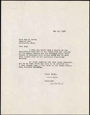 Letter to Amy E. Morse, Curator, Lexington Historical Society, from Edwin B. Worthen, May 24, 1950