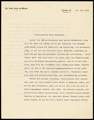 Kükenthal, Willy, 1861- typed letter signed to Mr. Geheimrat, Breslau, 28 June 1911