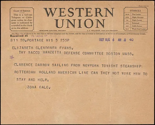Zona Gale telegram to Elizabeth Glendower Evans, Portage, Wis., August 6, 1927