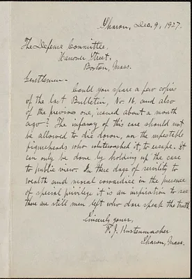 F. J. Kustenmacher autograph note signed to Sacco-Vanzetti Defense Committee, Sharon, Mass., December 9, 1927