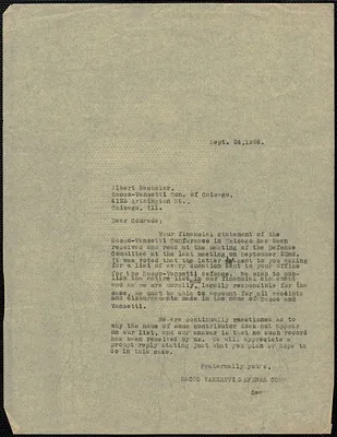 Sacco-Vanzetti Defense Committee typed letter (copy) to Albert Wechsler (Sacco-Vanzetti Defense Conference of Chicago), Boston, Mass., September 24, 1926