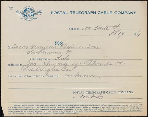 Postal Telegraph-Cable Company printed form to Sacco-Vanzetti Defense Committee, Boston, Mass., August 19, 1927