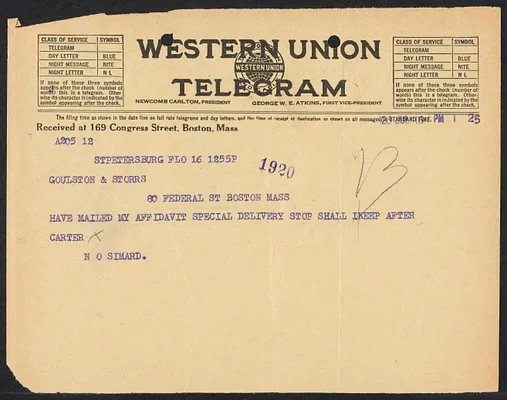 Herbert Brutus Ehrmann Papers, 1906-1970. Sacco-Vanzetti. Correspondence of HBE, junior counsel for the defense, July 15 - July 31, 1926. Box 15, Folder 13, Harvard Law School Library, Historical & Special Collections