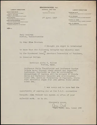 Cara Cook (Brookwood, Inc.) typed letter signed to Mary Donovan, Katonah, N. Y., April 27, 1927