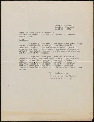 Morris Wolsky autograph letter signed to Sacco-Vanzetti Defense Committee, Brooklyn, N.Y., April 21, 1927