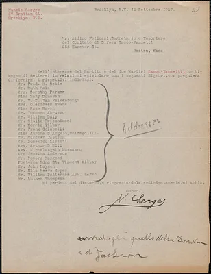 Nunzio Serges typed letter signed, in Italian, to Aldino Felicani, Brooklyn, N. Y., September 12, 1927