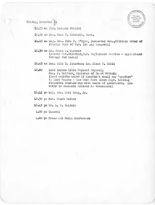 Daily Appointment Sheet for President Harry S. Truman