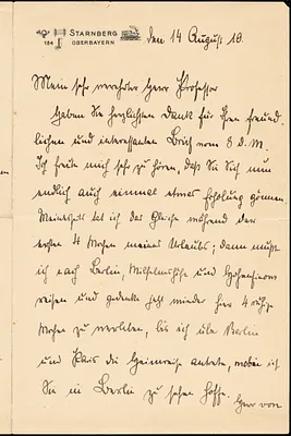 Bernstorff, Johann Heinrich, Graf von, 1862-1939 autograph letter signed to Hugo Münsterberg, Starnberg, Ger., 14 August 1910