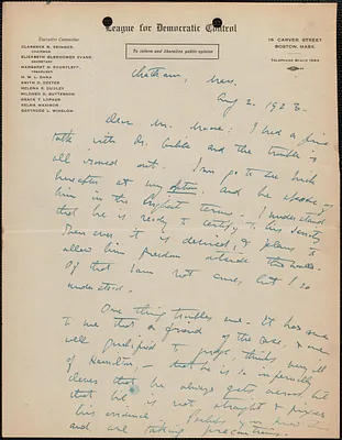 Elizabeth G[lendower] Evans (League for Democratic Control) autograph letter signed to [Fred H.] Moore, Chatham, Mass., August 2, 1923