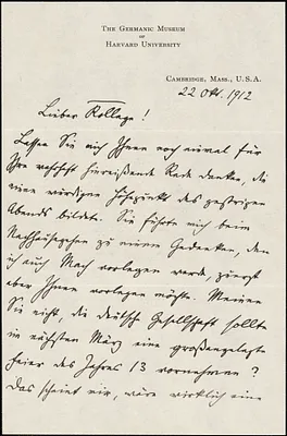 Francke, Kuno, 1855-1930 autograph letter signed to Hugo Münsterberg, Cambridge, Mass., 22 October 1912