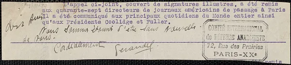 Ferandel (Comité International Défense Anarchiste) typed note signed, in French, to Sacco-Vanzetti Defense Committee, Paris, France, [August? 1927]