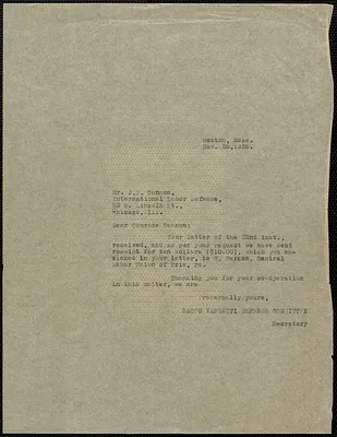 Sacco-Vanzetti Defense Committee typed note (copy) to James P. Cannon (International Labor Defense), November 26, 1926