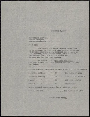 Sacco-Vanzetti Defense Committee typed letter (copy) to Theatrical Editor, Boston Telegram, December 6, 1923