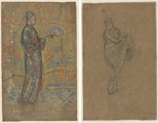Japanese Woman Painting a Fan (recto); Standing Woman Holding Up Her Dress (verso)
