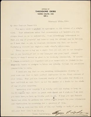 Eugene V. Debs typed letter signed to Bartolomeo Vanzetti, Terre-Haute, Ind., 25 February 1926