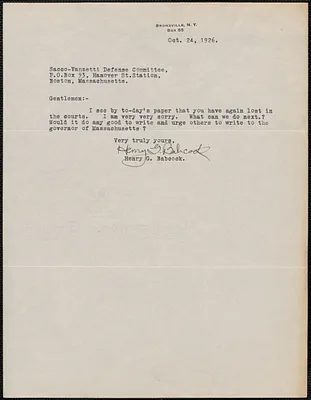 Henry G. Babcock typed note signed to Sacco-Vanzetti Defense Committee, Bronxville, N.Y., October 24, 1926