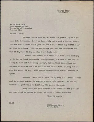 Mary Donovan typed letter to Malcolm Sharp, Boston, Mass, September 10, 1927