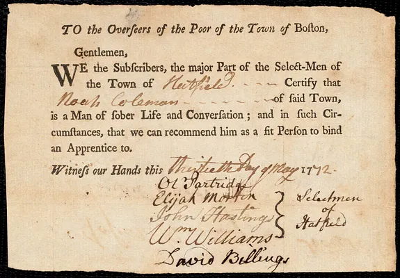 Joanna Williams indentured to apprentice with Noah Coleman of Hatfield, 15 June 1772