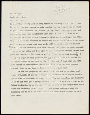 James, William, 1842-1910 typed letter signed to Hugo Münsterberg, Cambridge, Mass., 19 April 1892