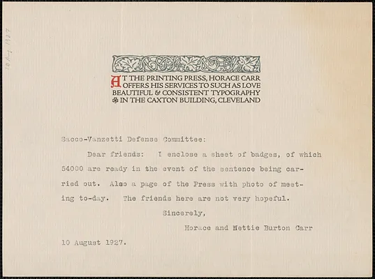 Horace and Nettie Burton Carr typed note to Sacco-Vanzetti Defense Committee, Cleveland, Ohio, August 10, 1927