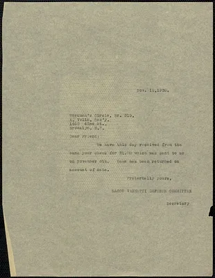 Sacco-Vanzetti Defense Committee typed letter (copy) to A. Volin (Workmen's Circle, Brooklyn), Boston, Mass., November 11, 1926
