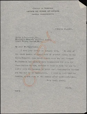 Letter from Robert B. Worthington, Clerk of Courts (Norfolk County) to Harry L. Fairfield, Messenger at Supreme Judicial Court