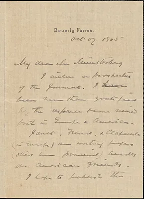 Prince, Morton, 1854-1929 autograph letter signed to Hugo Münsterberg, Beverly Farms, Mass., 07 October 1905