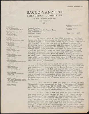 Robert W. Dunn (Sacco-Vanzetti Emergency Committee) typed letter signed to Joseph Moro, New York, N.Y., May 19, 1927